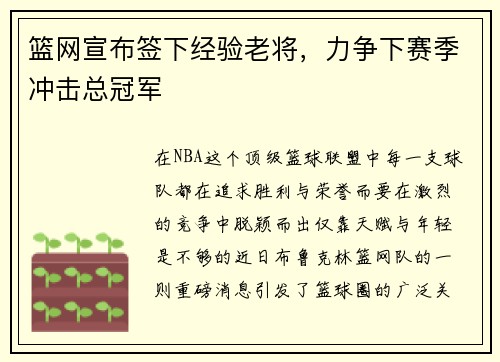 篮网宣布签下经验老将，力争下赛季冲击总冠军